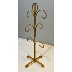 Vintage Yellow Wrought Iron Mug Tree 6 Hook Scroll Metal Jewelry Stand 13.5in